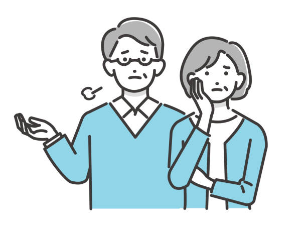 ilustracja wektorowa przedstawiająca starszą parę machającą swoją niespokojną twarzą / prosta / senior / para - white background worried women cute stock illustrations