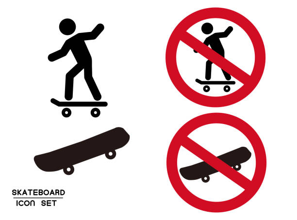 illustrazioni stock, clip art, cartoni animati e icone di tendenza di illustrazione vettoriale dell'icona dello skateboard (segno di divieto) materiale / note / skateboard / pittogramma - figure skating