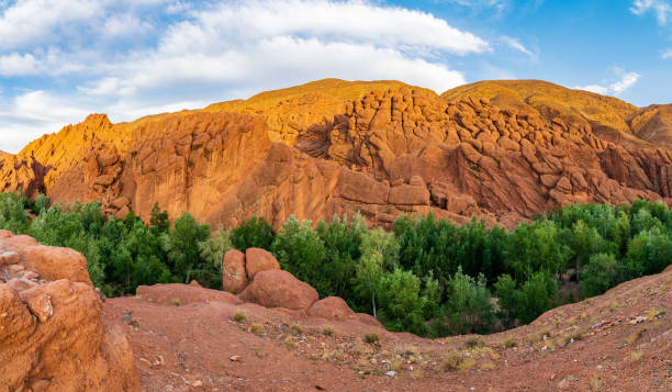 montagne rosse dell'atlante marocchino e valle con alberi verdi. cielo blu nuvoloso sullo sfondo. - atlas mountains foto e immagini stock