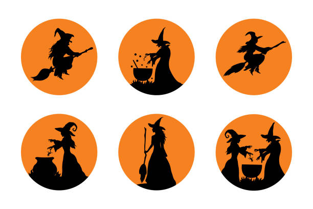 illustrazioni stock, clip art, cartoni animati e icone di tendenza di set di adesivi vettoriali di halloween con streghe. decorazione per festa di halloween. - wizard magic broom stick