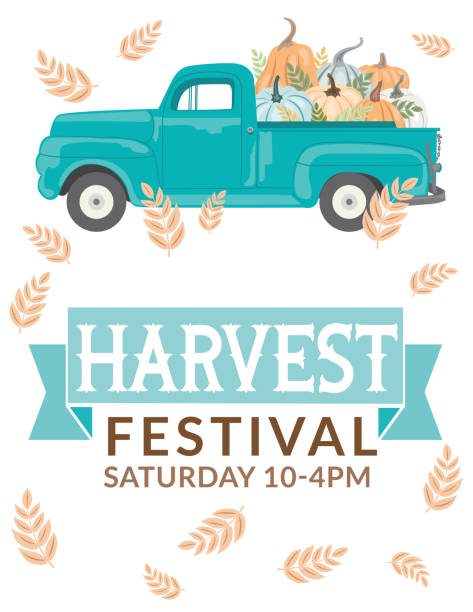 Antique Truck With Pumpkins And Harvest festival Sign Vintage truck filled with autumn harvest elements. File is created in CMYK and comes with a large high resolution jpeg. harvest festival stock illustrations