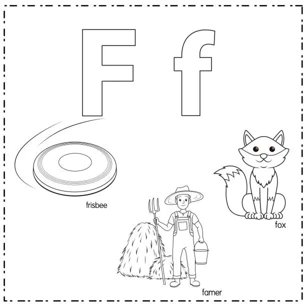Vector illustration of Vector illustration for learning the letter F in both lowercase and uppercase for children with 3 cartoon images. Frisbee Famer Fox.