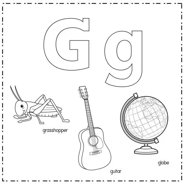 Vector illustration of Vector illustration for learning the letter G in both lowercase and uppercase for children with 3 cartoon images. Grasshopper Guitar Globe.