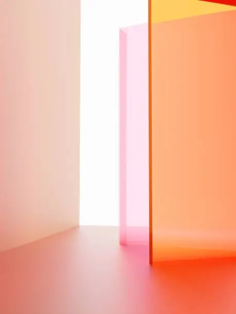 3D Rendering Studio Shot Vibrant or Neon Pink and Orange Transparent Acrylic Board Overlapping Background for Fashion, Cosmetics and Trendy Products.
