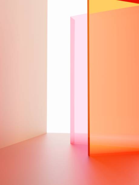 3d rendering studio shot vibrant or neon pink and orange transparent acrylic board overlapping background for fashion, cosmetics and trendy products. - acrylic imagens e fotografias de stock