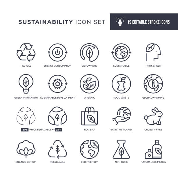 illustrazioni stock, clip art, cartoni animati e icone di tendenza di icone della linea di tratti modificabili per la sostenibilità - sostenibilità