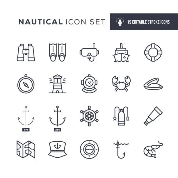 Vector illustration of Nautical Editable Stroke Line Icons