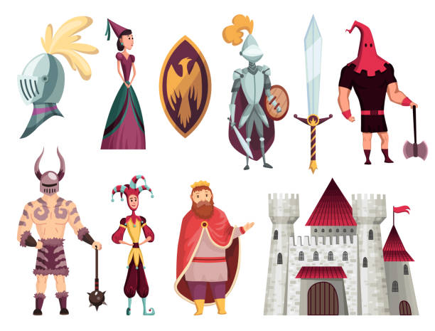 Medieval tales characters flat set with archer blacksmith king queen horn bishop warrior knight castle vector illustration Medieval tales characters flat set with archer blacksmith king queen horn bishop warrior knight castle vector illustration. executioner stock illustrations
