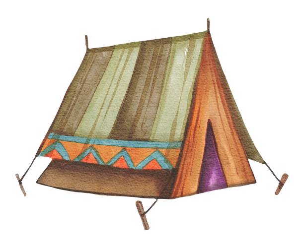 istock Hand drawing watercolor isolated tourist tent. Use for poster, flyers, print, postcard, template, print, pattern, shop, advertising, stickers 1336678606
