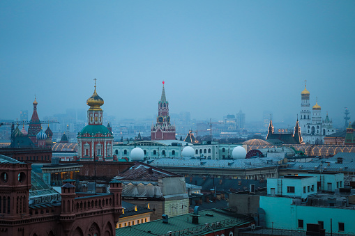 Moscow skyline with Cathedral of Vasily the Blessed (Saint Basil's Cathedral) and Spasskaya Tower on Red Square, Russia