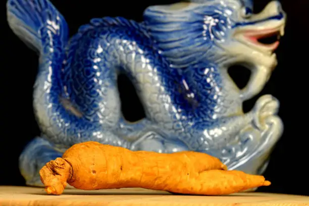 Photo of ginseng root with blue dragon in the background