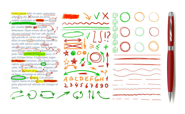 zestaw elementów projektu korekcji tekstu wektorowego, próbka tekstu, realistyczne czerwone pióro i szkicowane. - numeric pad stock illustrations