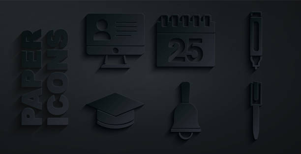 istock Set Ringing bell, Marker pen, Graduation cap, Pen, Calendar and Online class icon. Vector 1336682529