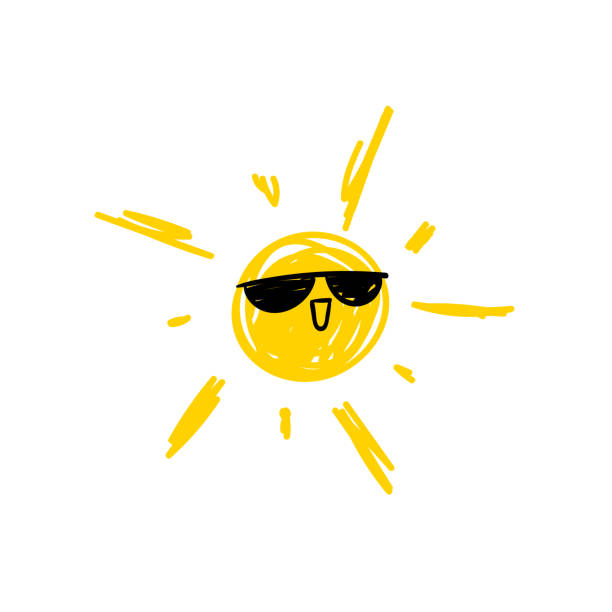 벡터 낙서 재미있는 태양 흰색 배경에 고립, 밝은 노란색. - glasses sun sunlight summer stock illustrations