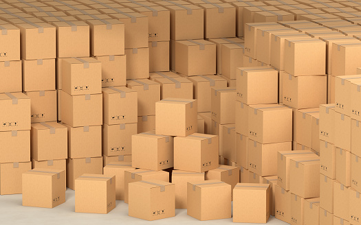 Cartons stacked together, factory warehouse, 3d rendering. Computer digital drawing.