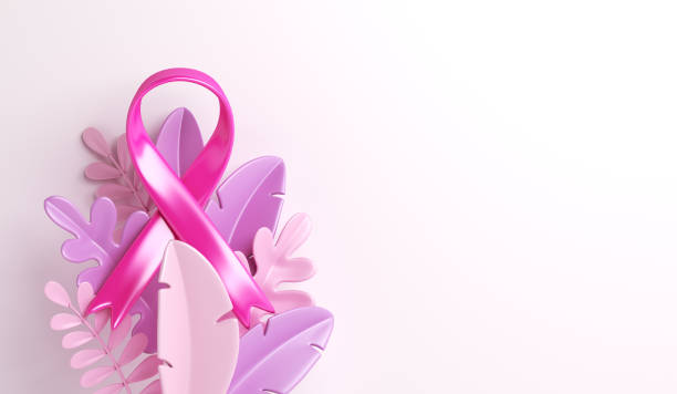 Breast cancer awareness ribbon with leaves decoration background, copy space text, 3d rendering illustration