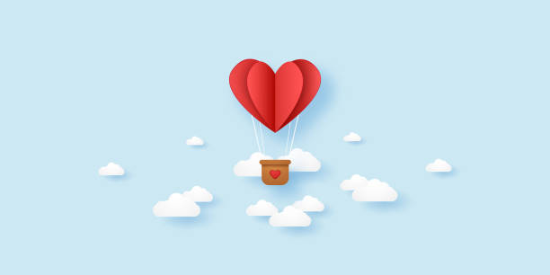 illustrazioni stock, clip art, cartoni animati e icone di tendenza di san valentino, illustrazione d'amore, mongolfiera a cuore piegato rosso che vola nel cielo, stile arte carta - love transportation cloud cloudscape