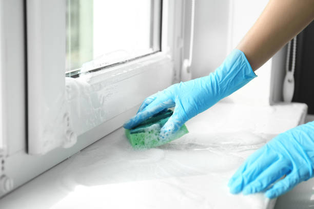 istock Woman cleaning window sill with sponge, closeup 1336686616
