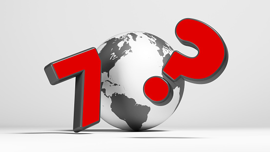 Black-colored planet earth,  red-colored number seven, and question mark text. On white-colored background. Horizontal composition with copy space. Isolated with clipping path