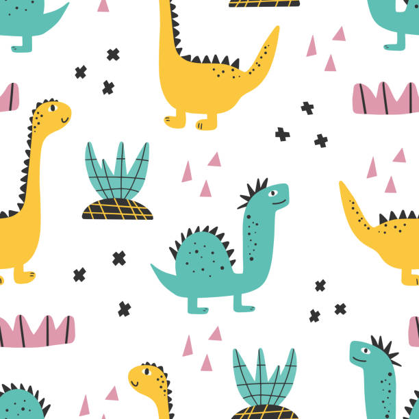 istock Cute dinosaur pattern - hand drawn childish dinosaur seamless print design Digital paper 1336688873