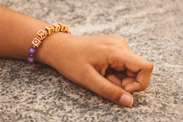 istock Young kid wearing a friendship band in wrist 1336689495