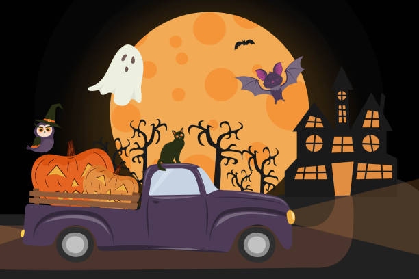 istock Happy Halloween Truck with Pumpkins Jack O'lantern, Vampire Bat, ghost, cat and owl in the witch's hat. 1336689578