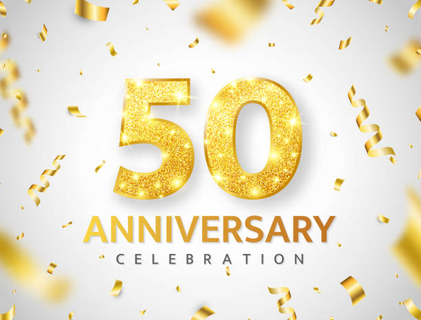 jubiläumskarte 50 jahre. geburtstag glitzer nummer dekor. goldenes konfettiband banner. luxus goldhintergrund. festplakat. einladungsheft. premium-designelement. vektor-illustration - 50 stock-grafiken, -clipart, -cartoons und -symbole