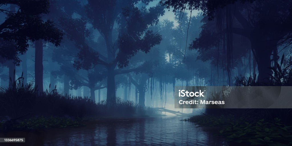 Mysterious night forest with creepy trees on river Mysterious woodland scenery with creepy tree silhouettes on overgrown shore of swampy forest river at dark foggy dusk or night. With no people fantasy 3D illustration from my own 3D rendering. Swamp Stock Photo