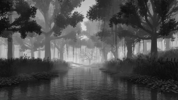 istock Creepy mystical forest black and white landscape 1336695928