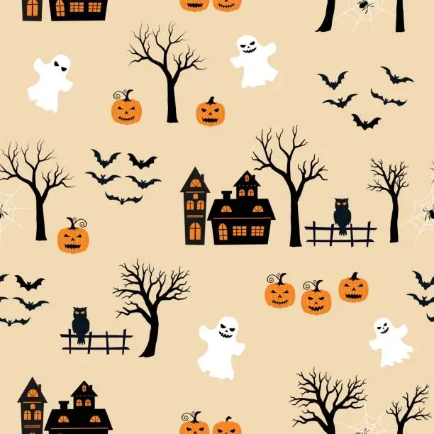 Vector illustration of Halloween theme seamless pattern on orange black and white color