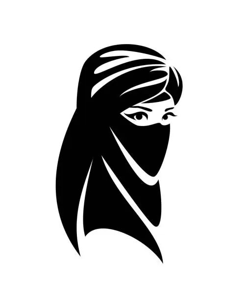 Vector illustration of bedouin woman wearing head covering scarf black and white vector outline