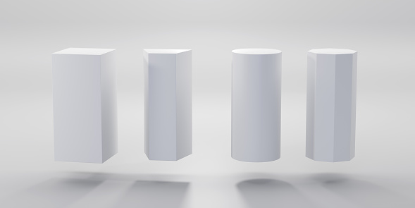 White geometric shapes set, rectangle, trapeze, cylinder and octagon. Empty pedestals or podiums, museum stages, exhibit displays 3d render. Blank stands or pillars isolated on grey background.