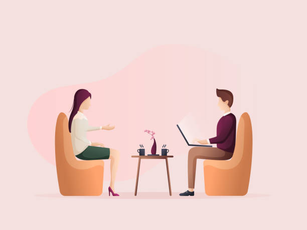 Men and women sitting interviews and recordings in the notebook. Flat Design Illustration about Sitting interview. job retraining stock illustrations