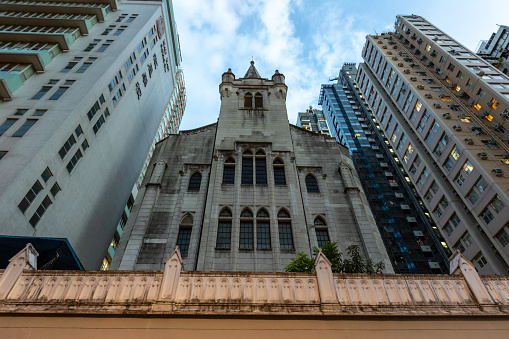 Hong Kong - August 25, 2021 : General view of the Tsung Tsin Mission of Hong Kong Kau Yan Church in Sai Ying Pun, Hong Kong. It is Grade I historic buildings in Hong Kong.