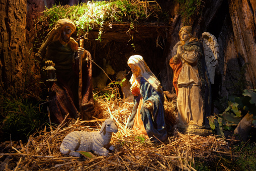 A close up of a Christmas crib representing the sacred stable before the born of Jesus