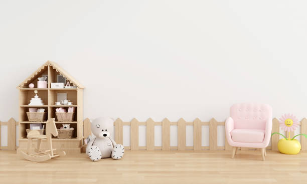 istock Pink sofa in white child room with copy space, 3D rendering 1336707184