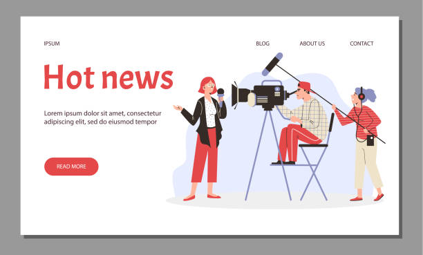 hot news website mit journalist und kameramann, flache vektorillustration. - the media paparazzi photographer press conference microphone stock-grafiken, -clipart, -cartoons und -symbole