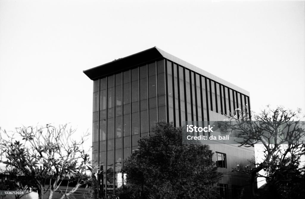 Black And White Of Office Building Office building in Bali and captured with ilford delta 100 Futuristic Stock Photo