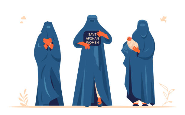 Save Afghanistan. Afghan women wearing burqa or chadaree and paranja. Support people during the war against Taliban. Vector illustration to protect woman from islamist religious-political movement. burka stock illustrations