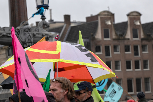 Umbrella At The Blauwebrug At The Climate Demonstration From The Extinction Rebellion Group At Amsterdam The Netherlands 12-10-2019