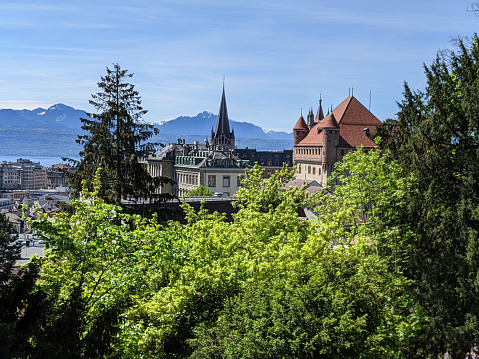 Parc Heritage, an urban park in Lausanne Switzerland overlooking the Citadel and Cathedral area with lake Geneva in the distance