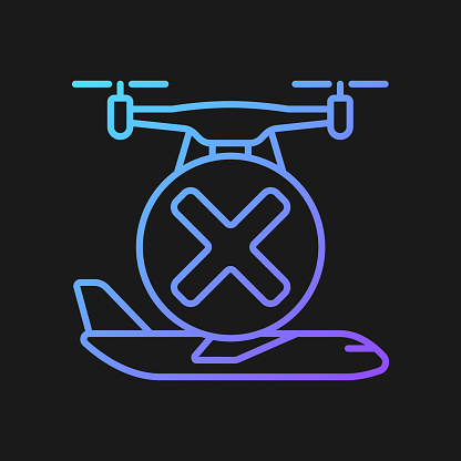 Dont fly near aircrafts gradient vector manual label icon for dark theme. Avoid airports. Thin line color symbol. Modern style pictogram. Vector isolated outline drawing for product use instructions