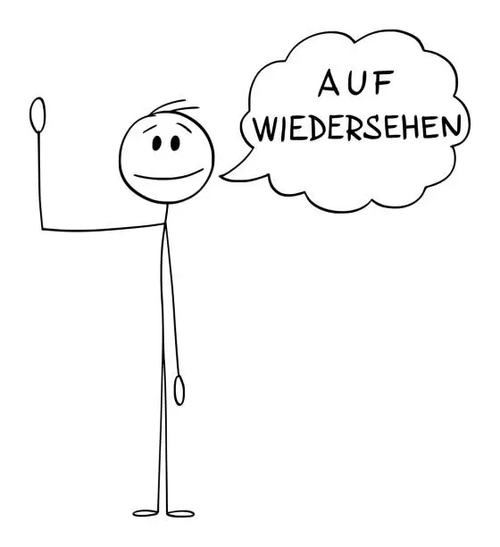 Vector illustration of Person or Man Waving His Hand and Saying Greeting Auf Wiedersehen in German , Vector Cartoon Stick Figure Illustration