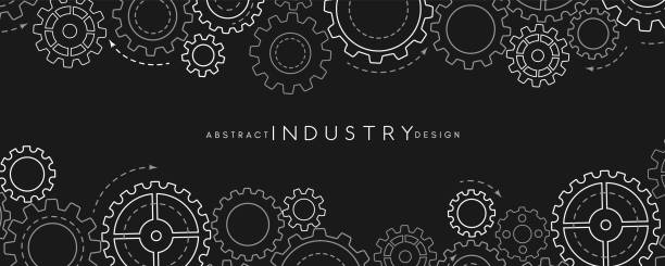 Technology abstract background from gearwheels composition. Horizontal dark banner for teamwork, industrial, communication or automation conceptual design. Technology abstract background from gearwheels composition. Horizontal dark banner for teamwork, industrial, communication or automation conceptual design. cog stock illustrations