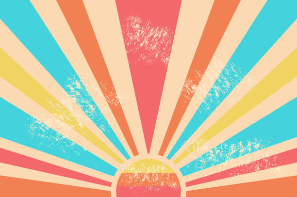 Vintage sun retro banner Vintage sun retro banner. Colourful grunge sunburst. Multicolored dawn with scuffed texture. Abstract poster for wall decoration and printing on fabric. Flat vector illustration on beige background 70s retro wallpaper stock illustrations