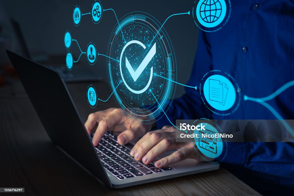 Quality Assurance and certification. Certified internet businesses and services. Compliance to international standards and regulations. Concept with consultant in QA management working on computer. Conformity Stock Photo