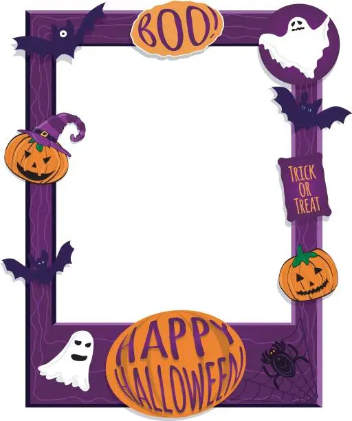 Vector illustration of Halloween photo frame poster with pumpkins, bats, spider and ghosts. Photoboth concept