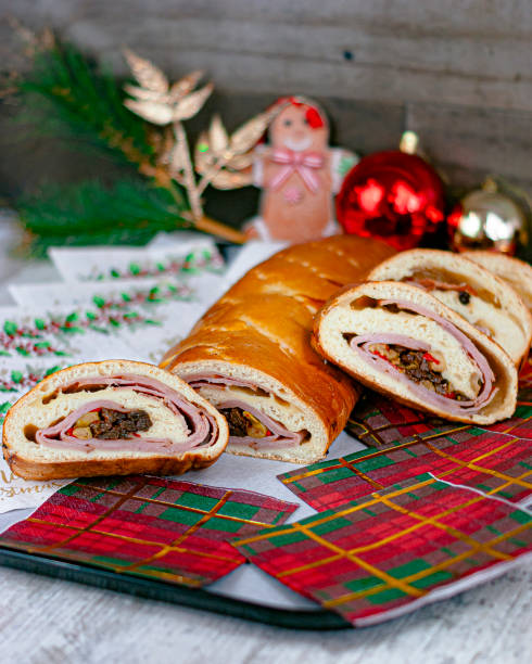 Delicious ham bread for this Christmas Ham bread is a bread stuffed with ham, fried bacon, raisins and green olives, usually stuffed with pepper or red paprika. It is a typical bread of Venezuela comerica park photos stock pictures, royalty-free photos & images