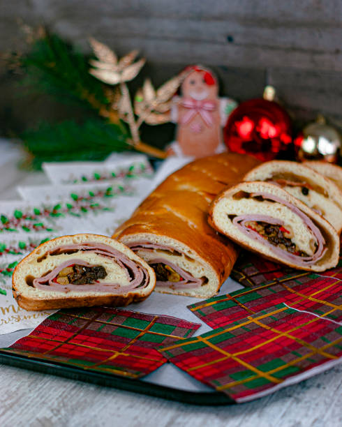 Delicious ham bread for this Christmas Ham bread is a bread stuffed with ham, fried bacon, raisins and green olives, usually stuffed with pepper or red paprika. It is a typical bread of Venezuela comerica park photos stock pictures, royalty-free photos & images