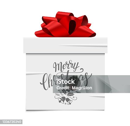 istock White Gift Box Sticker With Red Bow And Place For Text 1336720240